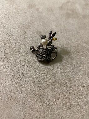 Vintage Silver Watering Can Brooch with Pearl and Colored Gemstones accents